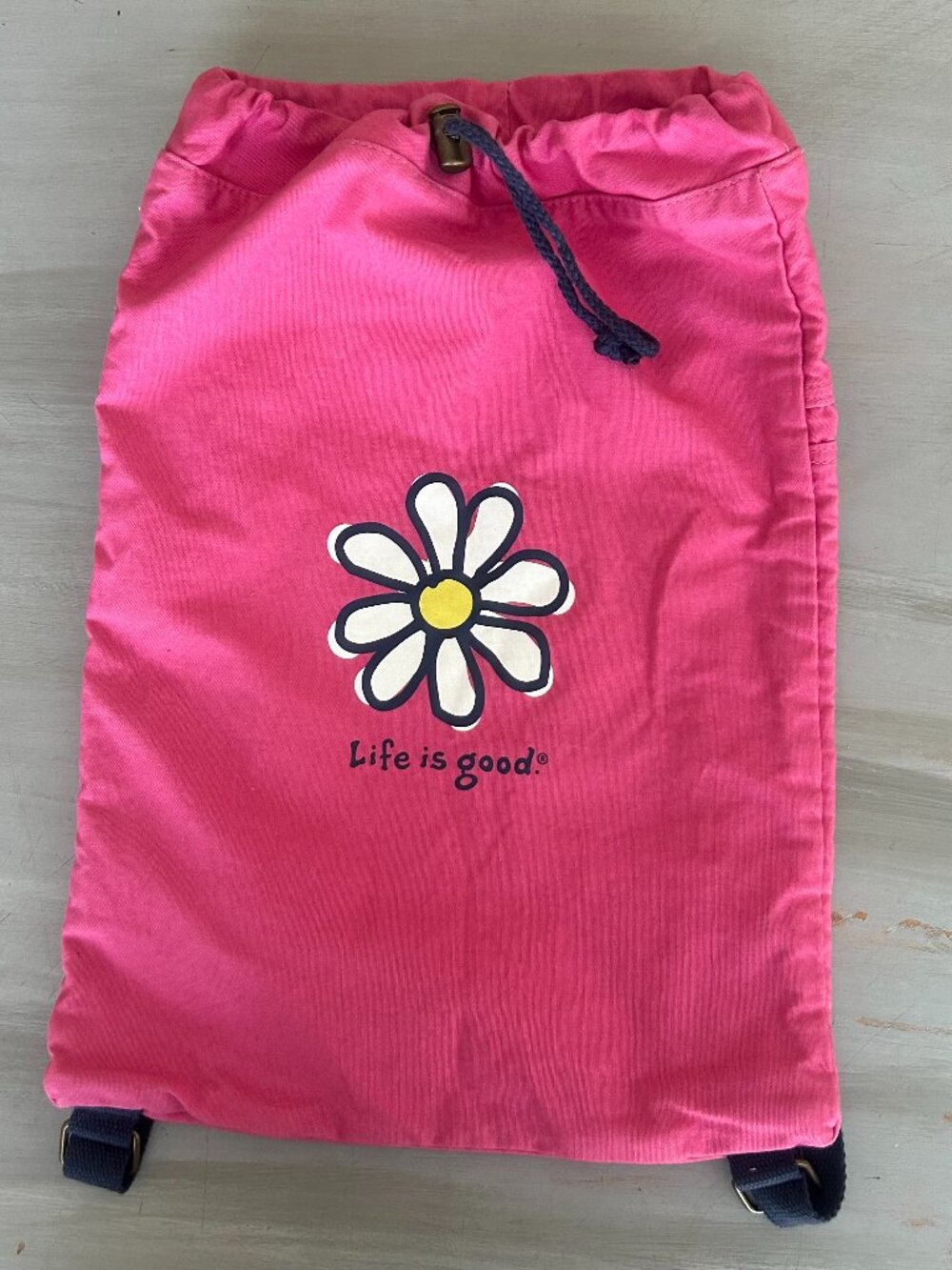 NWOT Life is Good Canvas Drawstring Backpack Daisy Logo Camp Overnight School Ne